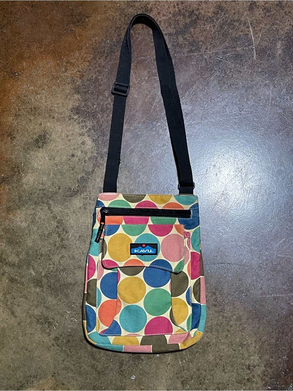 Kavu Multicolor Circle Print Crossbody Bag with Black Strap